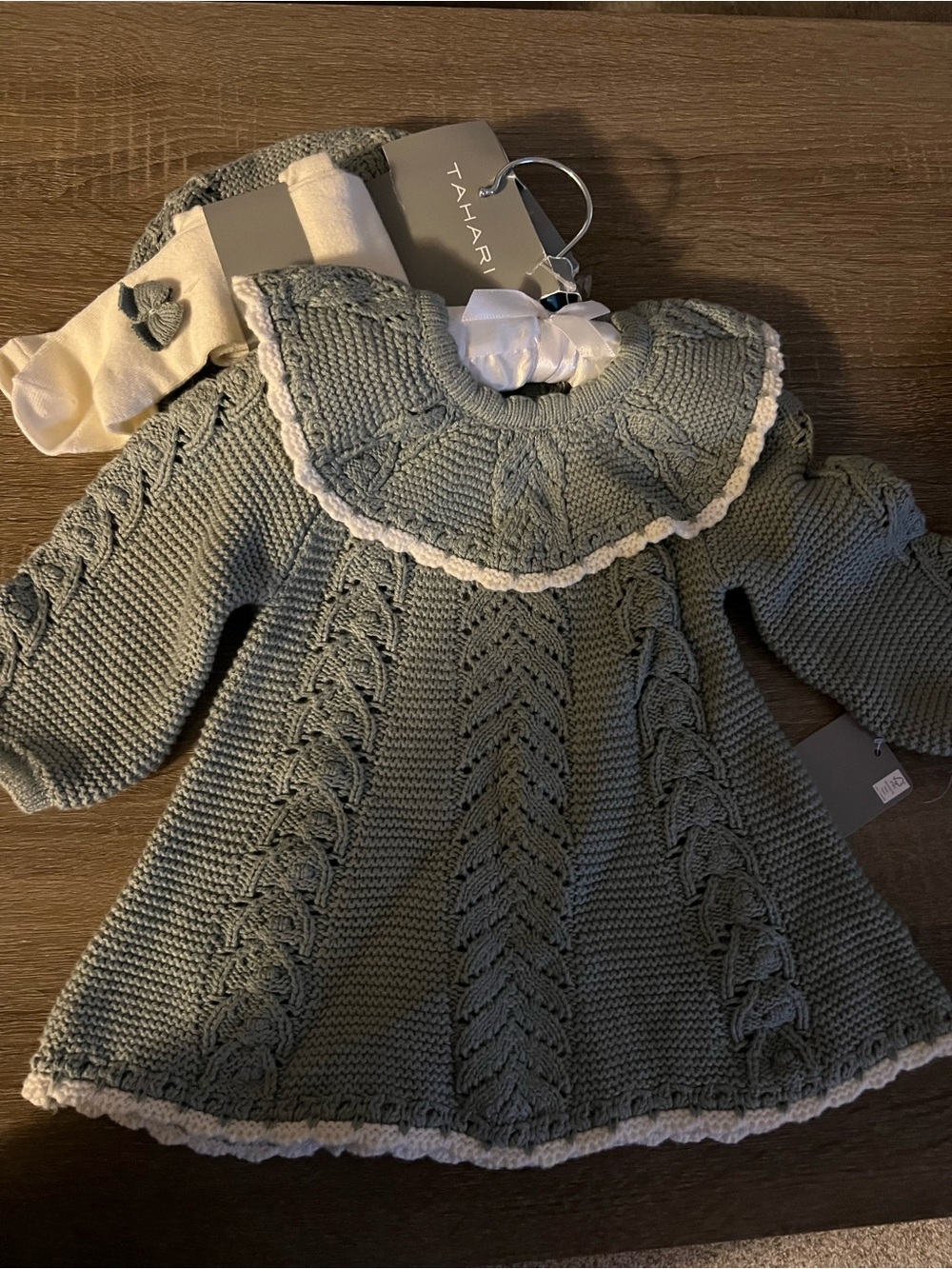 Tahari Sage Green Knit Dress with White Trim